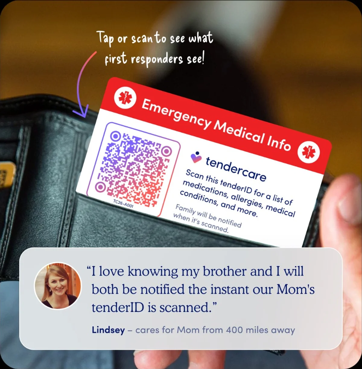 tenderID emergency medical card and wallet, with a caregiver testimonial