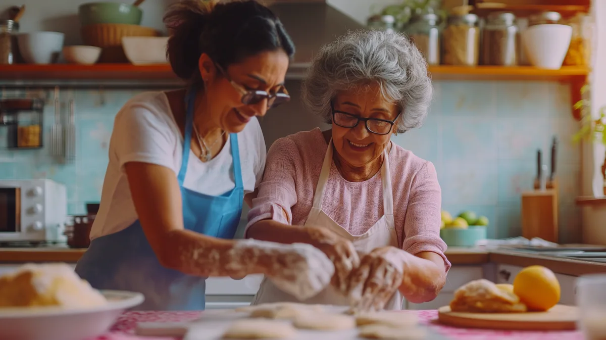 Caregiver and elderly woman cooking together